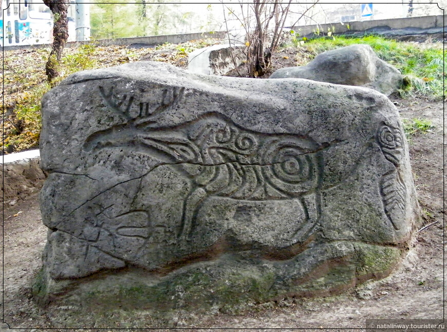 Самый эффектный из всех петроглифов Сикачи-Аляна — лось, на крупе которого изображён солнечный знак в виде концентрических кругов. Точная копия. Находится в Музее археологии г. Хабаровска.

