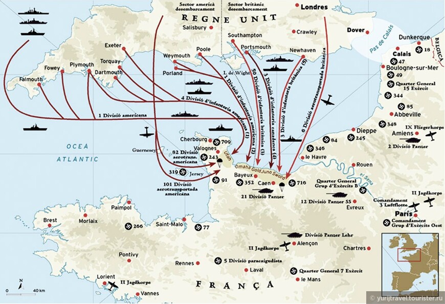 Планирование высадки десанта в Нормандии. Пляж Unah - самый левый.