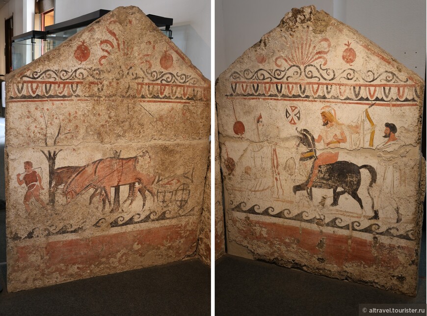 В торцах саркофага, вероятно, изображены сцены из жизни усопшего: возвращение с войны (справа) и занятие сельским хозяйством (слева).