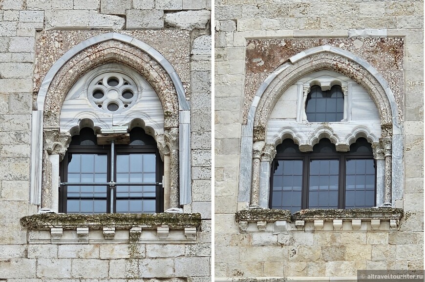 Наружные окна второго этажа декорированы мрамором и коралловой породой. Центральная мраморная подпорка была в своё время из них удалена для украшения королевского дворца в Казерте.