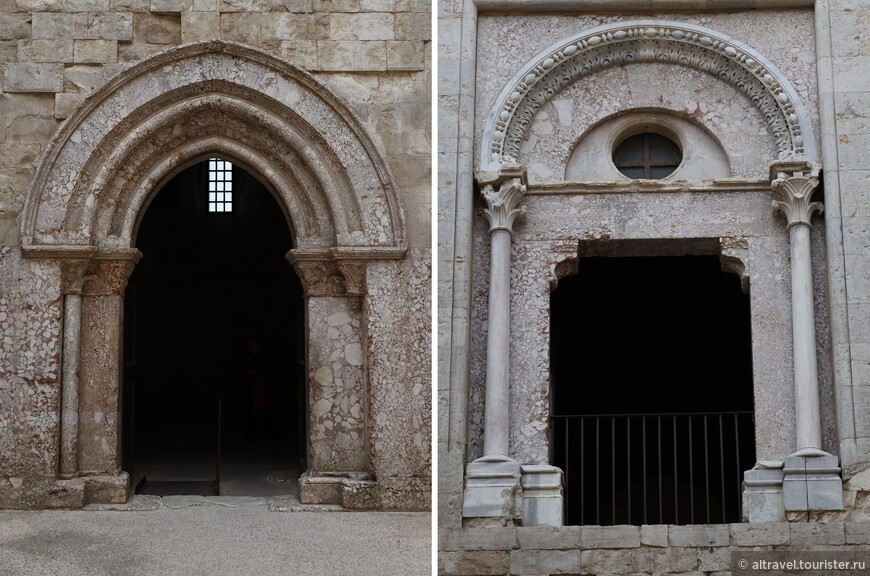 Входной портал во внутреннем дворе (слева) и выходящее во двор окно второго этажа (справа).
