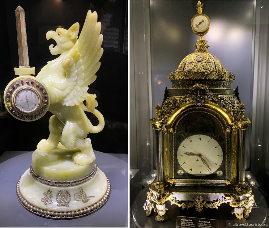 Слева - часы в форме грифона из оникса работы Фаберже середины 19-го века. Справа - английские часы, 1770 год.