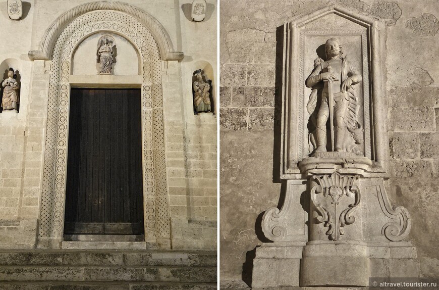  Слева - главный портал собора, над которым - образ Богородицы с Младенцем; по бокам - апостолы Петр и Павел. На правом фото - статуя Св.Евстафия. Мадонна-делла-Бруна и Св.Евстафий - покровители Матеры.
