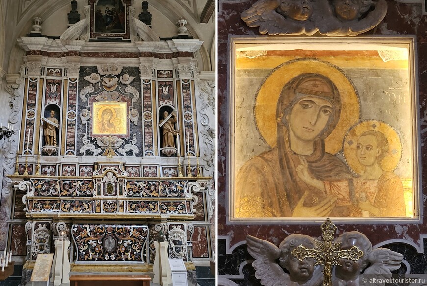 Древняя фреска в византийском стиле с изображением Мадонны-делла-Бруна (датируемая 1270 годом) в богатом барочном окружении. Фреска приписывается Ринальдо-да-Таранто.