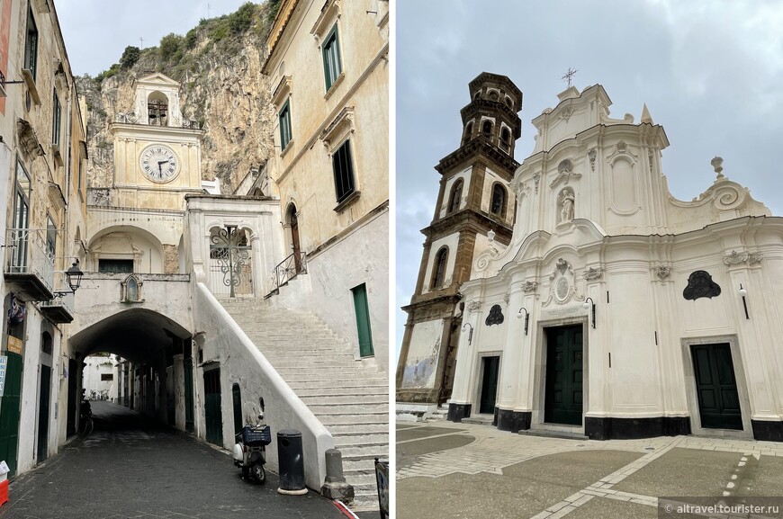 Слева - колокольня церкви Сан-Сальваторе с часами; справа - церковь Санта-Мария-Маддалена.