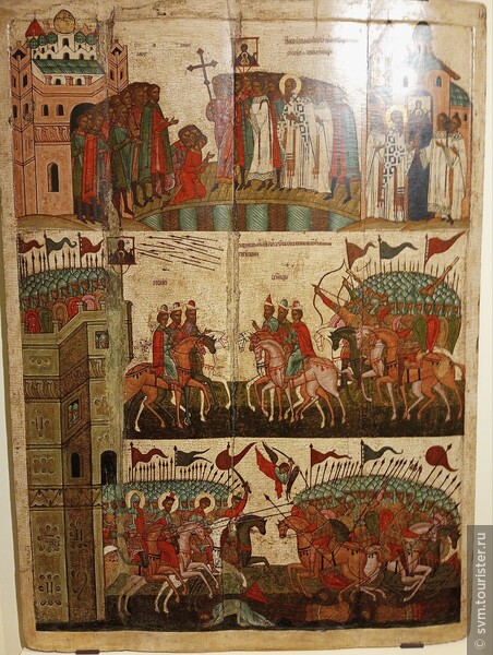 Икона на сюжет битвы новгородцев и суздальцев,показывающая чудо спасение горожан от иконы Богоматерь Знамения.15-й век.