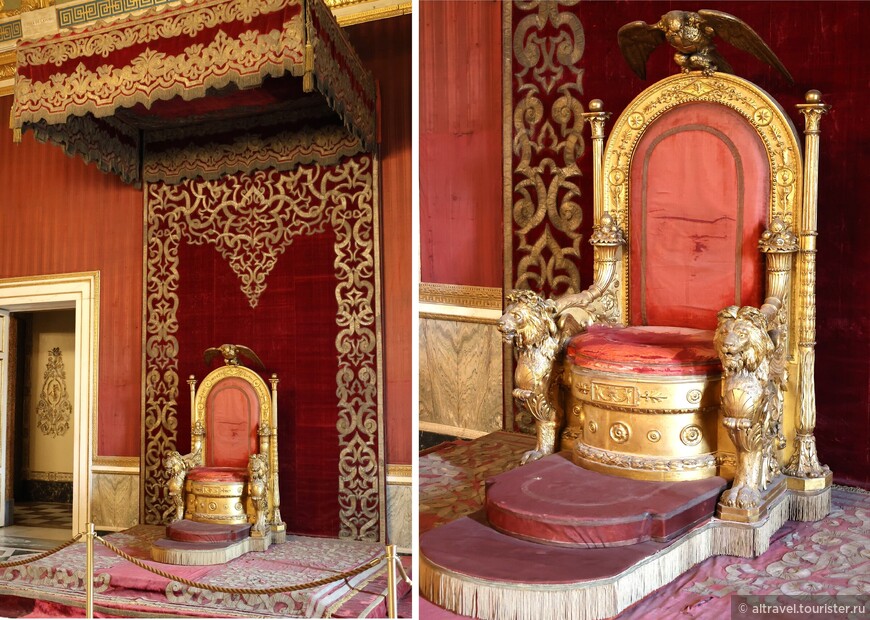 Под бархатным балдахином - трон в стиле ампир 1850-х годов, выполненный из резного и позолоченного дерева.