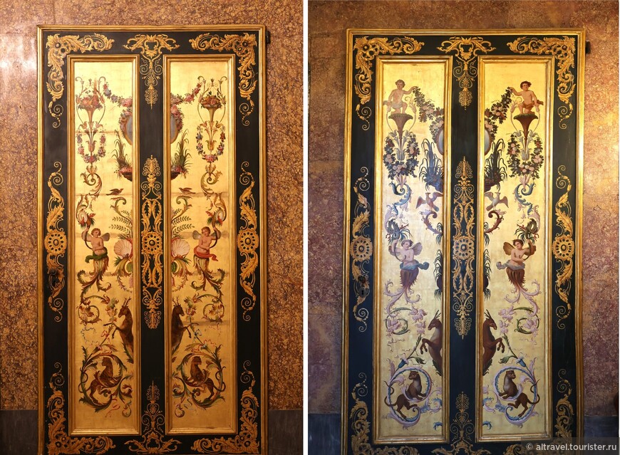 Невозможно не обратить внимания в самых разных помещениях дворца на изысканные двери. Они были изготовлены в мастерской Антонио Доминичи между 1774 и 1776 и расписаны темперой по золотому фону.