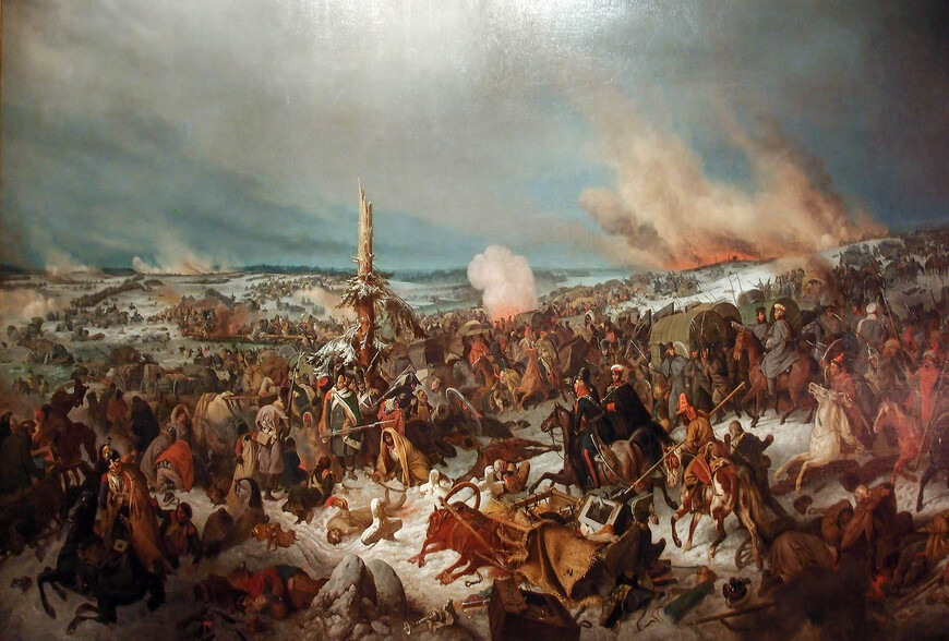  «Переправа французской армии через реку Березину» 
Во время отступления армии Наполеона было построено две переправы через реку Березину. Переправиться успела только часть войска, когда напали русские солдаты. Из-за начавшейся паники битва была проиграна, в тот день французская армия уменьшилась на несколько десятков тысяч человек.