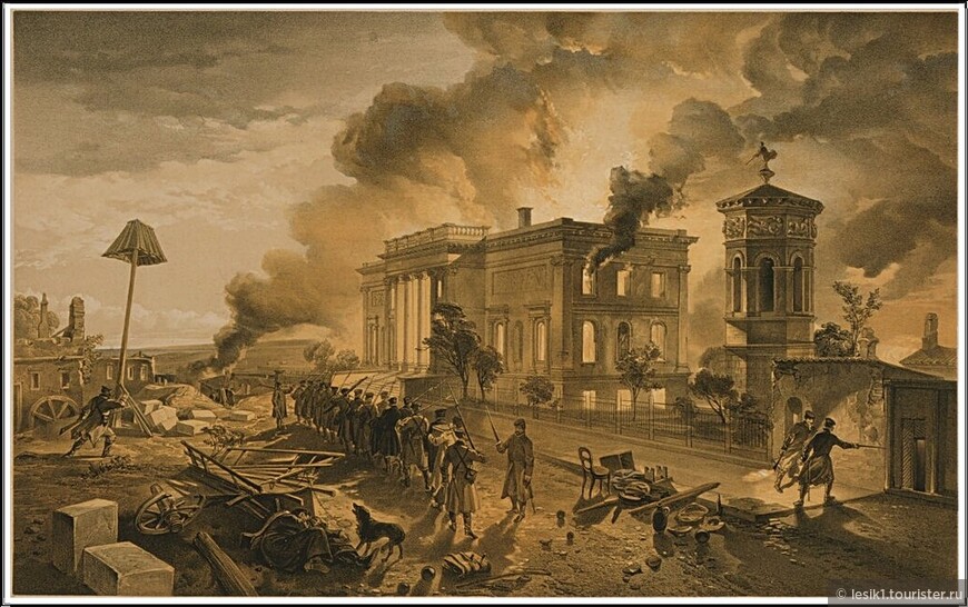Литография В. Симпсона Пожар Публичной библиотеки и Храма Ветров 27 августа 1855 г.