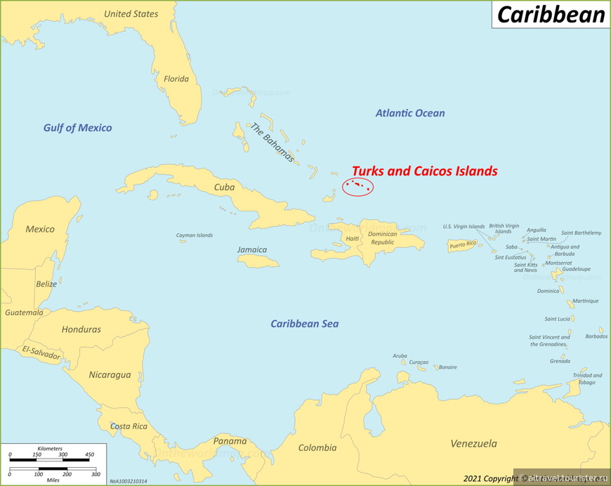 Тёркс и Кайкос на карте. Находятся эти острова в Атлантическом океане, к юго-востоку от Багамских островов и к северу от Доминиканской республики.