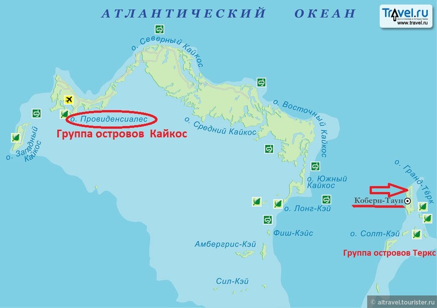 Этот архипелаг состоит из 40 больших и малых островов, образующих две группы — Кайкос на западе и Теркс на востоке. Административный центр островов и крупнейший город (около 5 тыс. жителей)— Коберн-Таун, расположенный на острове Гранд-Тёрк. Там же построен порт, где останавливаются круизные лайнеры. А главный туристический и самый населенный (свыше 23 тыс. жителей) - остров Провиденсиалес (выделен).
