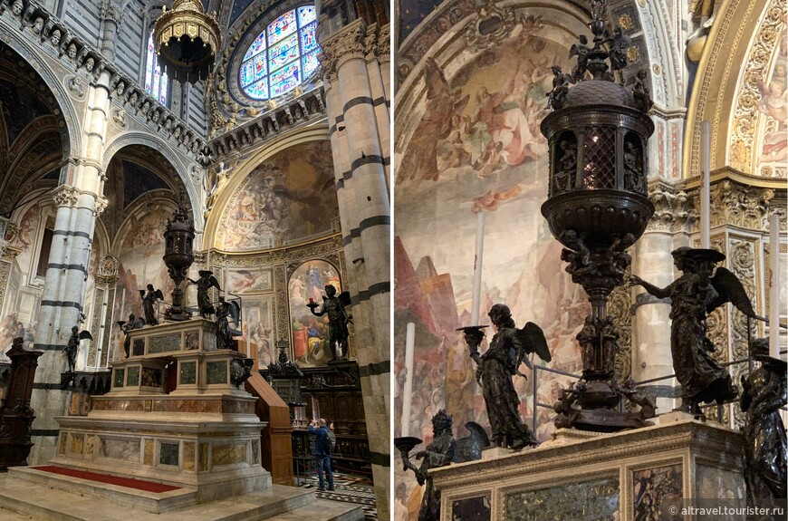 В центре пресбитерия доминирует монументальный, из мрамора и бронзы, главный алтарь. Это работа Бальтазара Перуцци, выполненная в 1532 г. В центре композиции - большая бронзовая дароносица работы Веккьетты (1467-1472), перенесённая сюда из другого храма. На верхних ступенях алтаря стоят два прекрасных ангела работы Джованни ди Стефано (1489), держащих канделябры.

