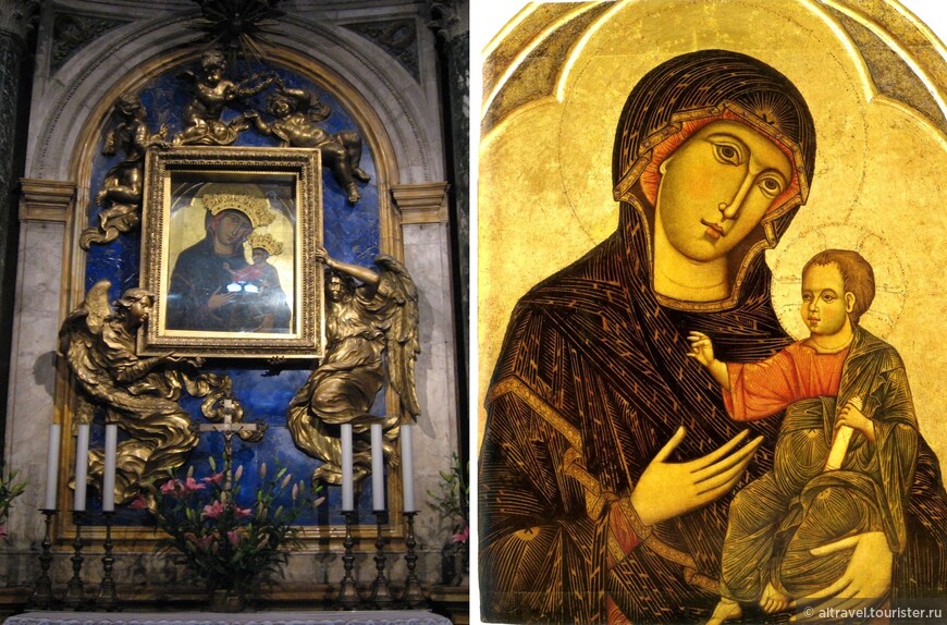 Чудотворная икона с Мадонной (Madonna del Voto), датируемая 1267 годом, находится в алтаре капеллы в окружении ангелов. Этот образ является главной и наиболее почитаемой богородичной иконой Сиены. По легенде, её написали вскоре после победы сиенцев над Флоренцией в 1260 году, приписываемой помощи Мадонны. С тех пор эту икону называют «Advocata Senensium» - защитница Сиены. Фото Мадонны - из сети.