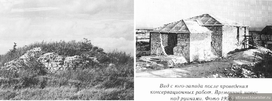 Руины церкви Успения на Волотовом поле, 1940-е (снимок слева). Поврежденную кладку вычинили старым камнем (благо его вокруг разрушенного храма было предостаточно) и законсервировали до лучших времен (снимок справа). Оба фото - из сети.