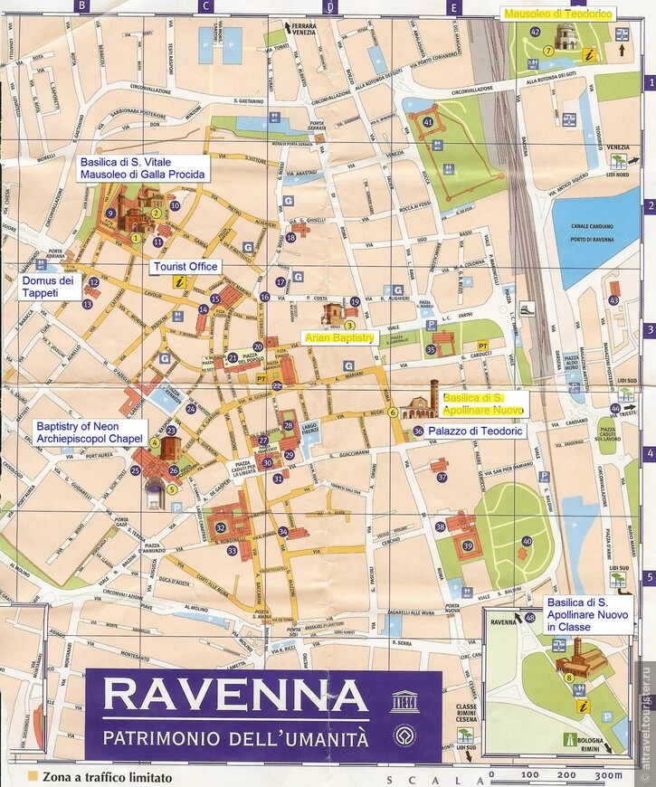  Расположение основных достопримечательностей Равенны на карте.  Три объекта, описанные в данной части, выделены маркёром.