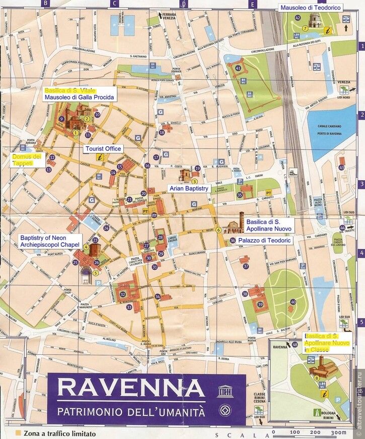 Расположение основных достопримечательностей Равенны на карте. Три объекта, описанные в данной части, выделены маркёром.