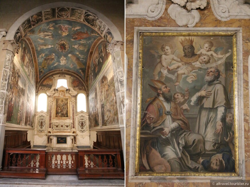 Часовня Св. Августина: общий вид и картина 17-го века над алтарём со Святым Ликом, Св. Августином и Св. Убальдом.