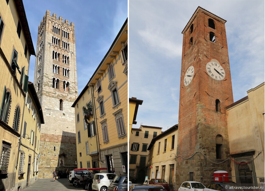 Башни Лукки. Слева - колокольня базилики Сан-Фредиана. Справа - Часовая башня, которая уцелела, видимо, потому, что с самых давних пор на ней устанавлили общественные часы.