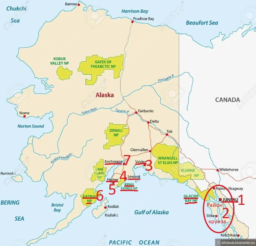 Карта 1.  Наши перемещения по Аляске. НП Катмай на этой карте обозначен цифрой 6. А прилетели мы туда из Хомера (цифра 5).