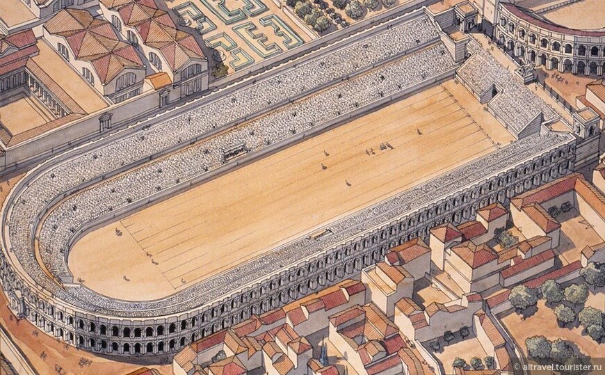 Реконструкция стадиона Домициана. Его длина составляла 275 м, ширина - 106 м, вместимость - до 30 тысяч зрителей.