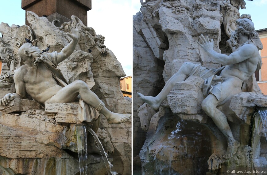 В основании фонтана грот с лошадью, слева фигура Ла-Платы (как-будто от чего-то заслоняющаяся рукой), справа - Дунай, куда-то правой рукой тянущийся.