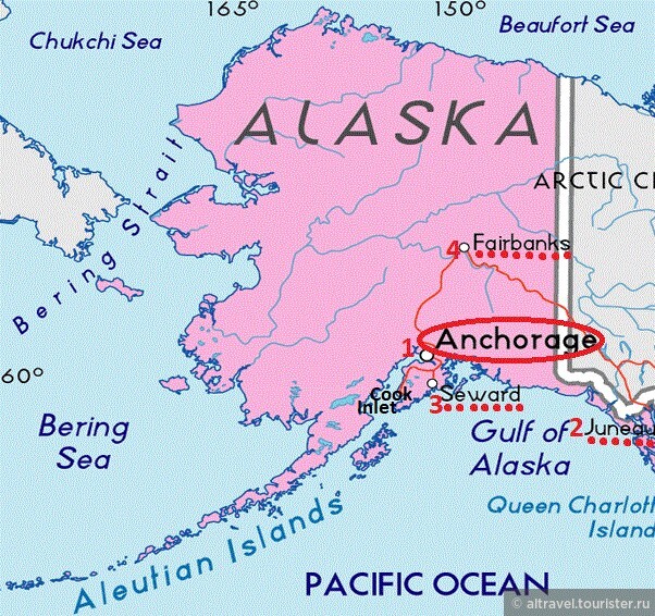 Анкоридж на этой карте обозначен цифрой 1, столица Аляски - Джуно - цифрой 2, Сьюард - 3 и Фэрбанкс - 4.