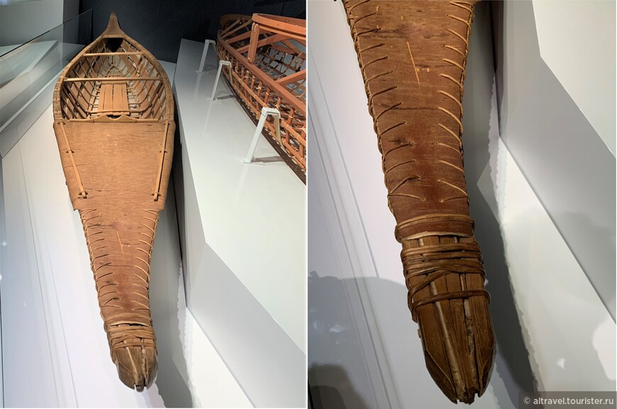 Один из важнейших для жизни на Аляске предметов - лодка. Для их изготовления индейцы использовали древесину, кору, а также кожу разных животных. На переднем плане - лодка из древесины и коры березы. Оцените качество работы!
