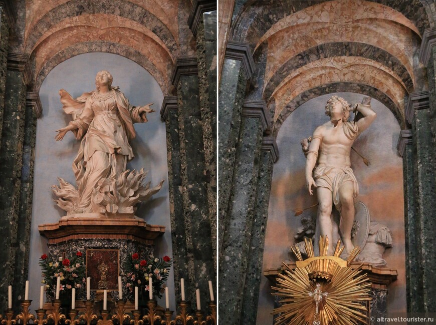В двух капеллах справа и слева от алтаря изображены Св. Агнесса на костре (по легенде, пламя отвернулось в сторону от неё) и Св. Себастьян, пронзённый стрелами.