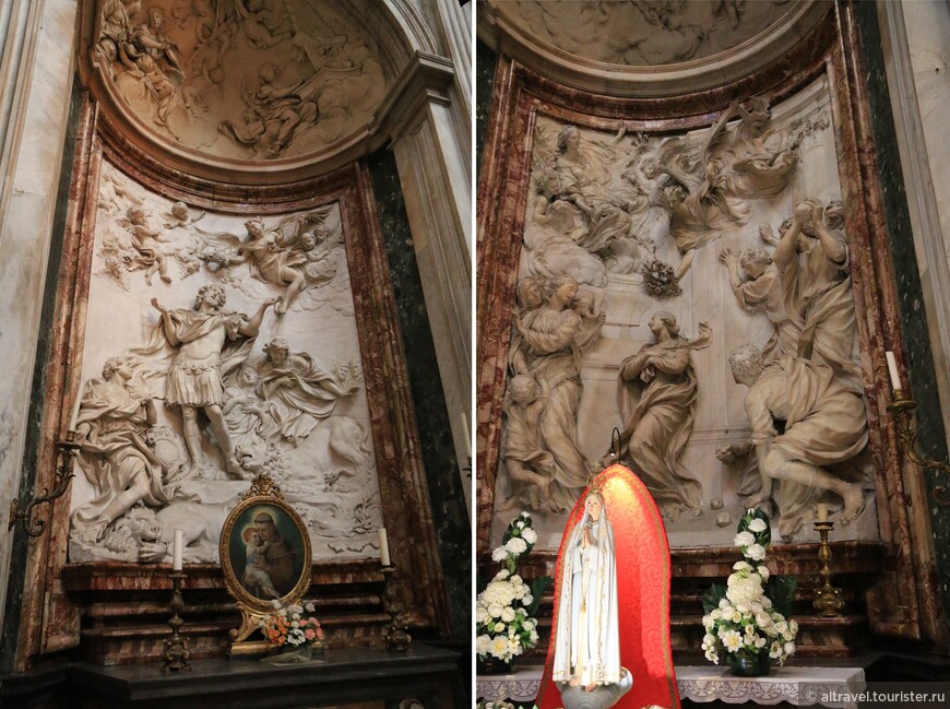Мученичество Св. Ефстафия (слева) и мученичество Св. Емеренцианы, сестры Св. Агнессы (справа). Скульптор - Эрколе Феррата, ученик Бернини.