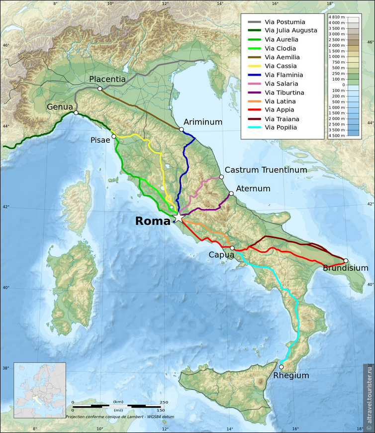 Аппиева дорога на карте Италии (обозначена красным цветом).