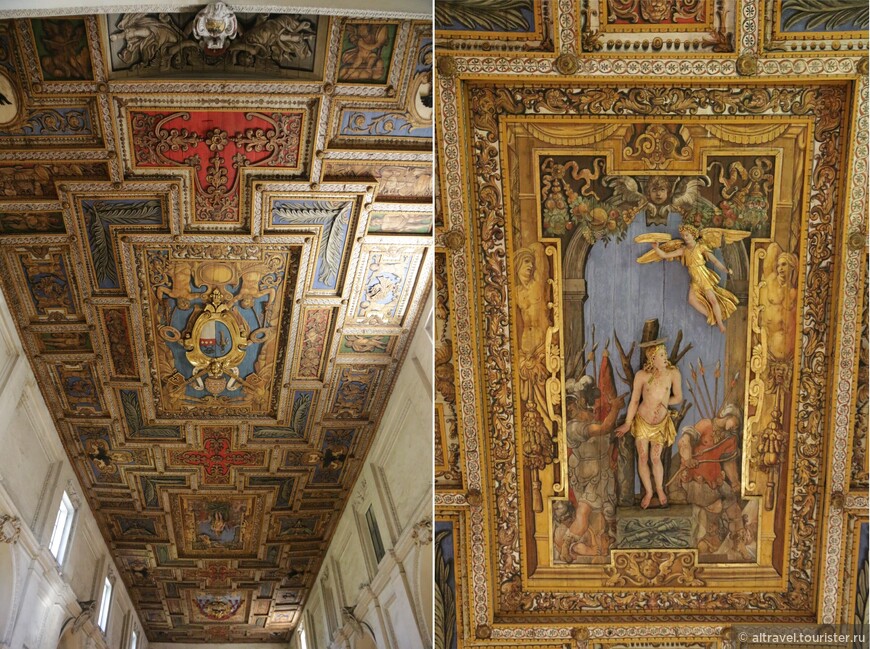 Резной деревянный потолок базилики с изображеним казни Св. Себастьяна.