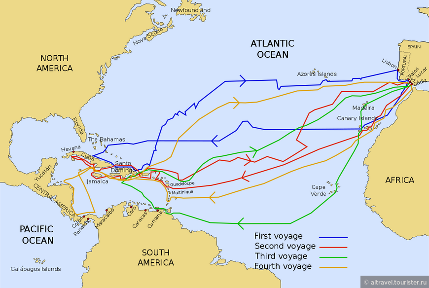 Карта 3. Карта четырёх экспедиций Колумба. Хорошо видно, что все вояжи «крутились» вокруг острова Эспаньола с центром в Санто-Доминго.