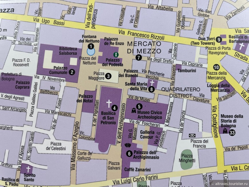 План центра Болоньи. В этом рассказе речь пойдет о пьяцца Маджоре (№3), палаццо Комунале (№2), фонтане Нептуна (№1), базилике Св. Петронио (№4).