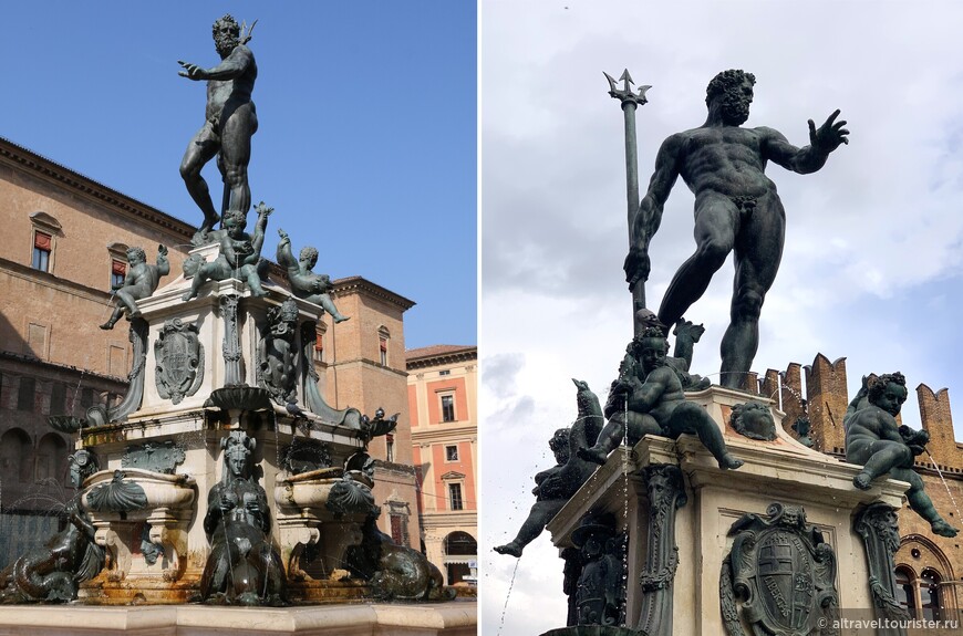 Нептун, прозванный «Il Gigante», стоит в окружении четырёх путти, символизирущих ветра. В его руке - большой трезубец, который автомобильная компания Мазерати, основанная в 1914 году недалеко от Болоньи, использовала как свой фирменный знак.