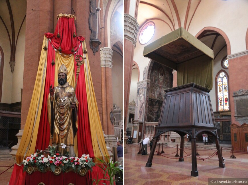 Статуя Св. Петронио для процессий и деревянная кафедра 15-го века очень необычной конструкции. Как на неё забирался священник?:)

