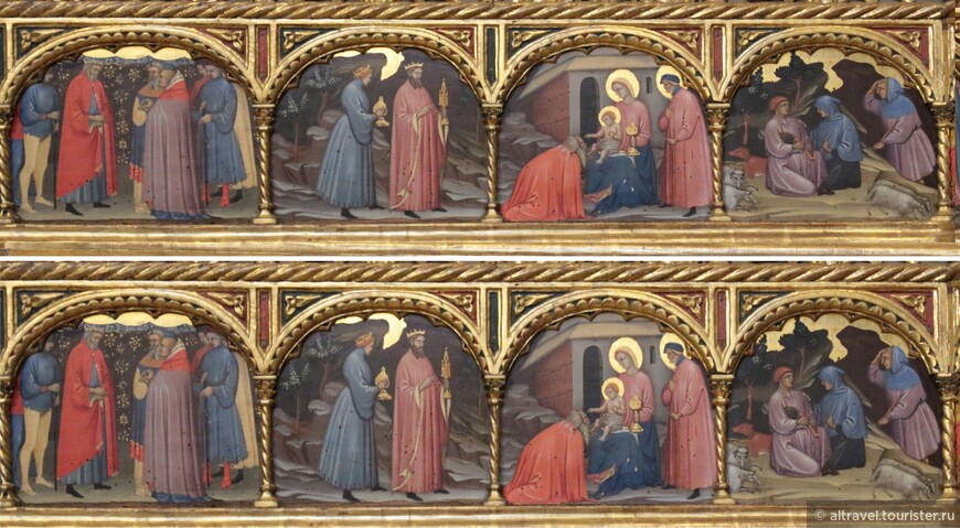 В пределле (нижней части алтаря) мы снова видим 8 сцен путешествия волхвов, но уже в исполнении Джакопо ди Паоло. В середине нижней панели волхвы вручают свои дары Марии.