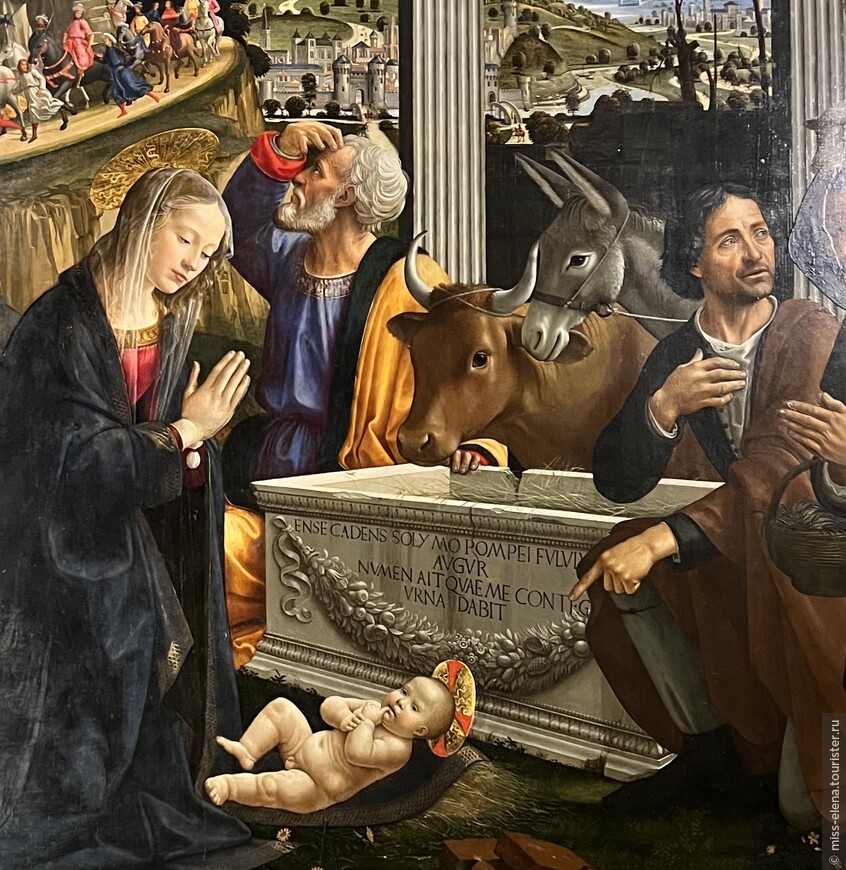 «Поклонение Пастухов» (фрагмент). Пастух, указывающий на младенца—автопортрет Гирландайо.