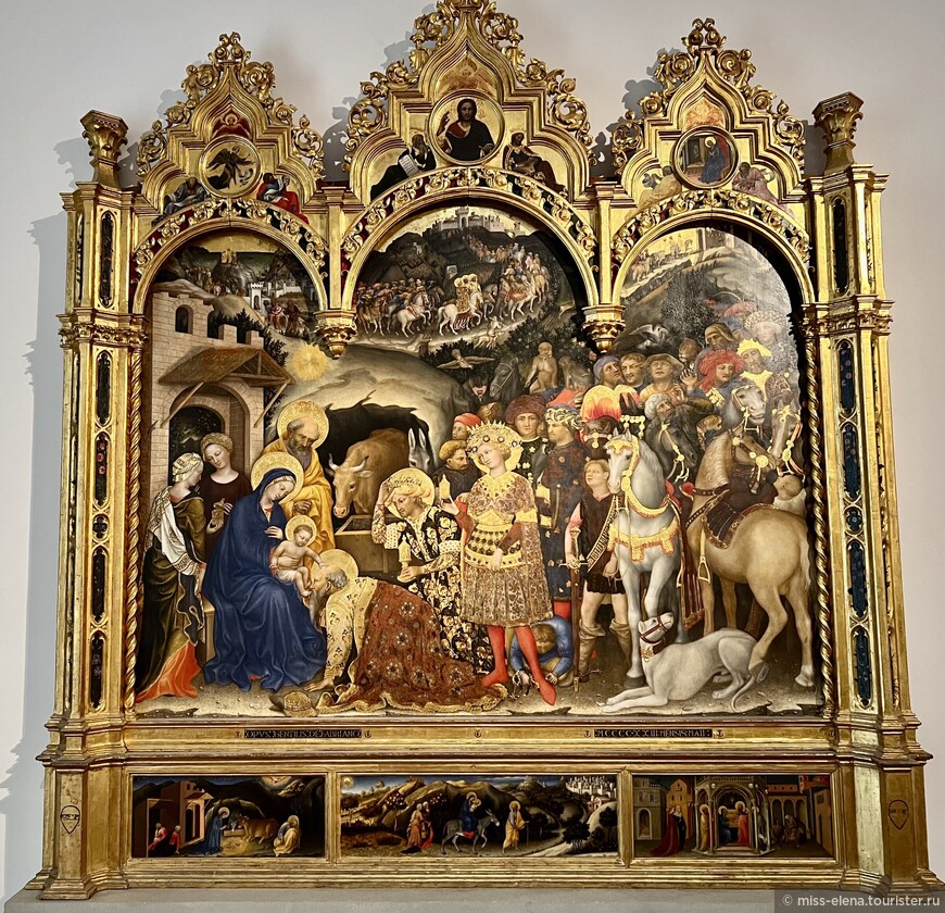«Поклонение волхвов» Джентиле да Фабриано (1423). Алтарь в 1806 году перенесли сначала в Академию, а затем в Уфицци, где он с тех пор и хранится.