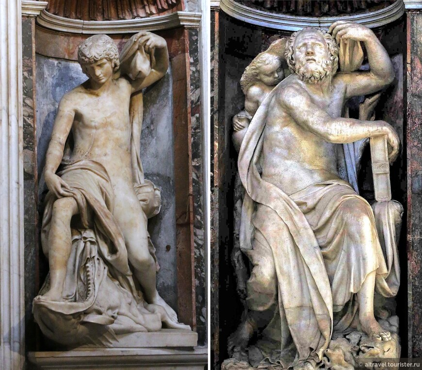 Две из четырёх статуй ветхозаветных пророков, выполненных около 1522 года Лоренцетто по эскизам Рафаэля. Слева - пророк Иона с китом, справа - пророк Илия (взят из интернета, поскольку от входа в капеллу его не видно).