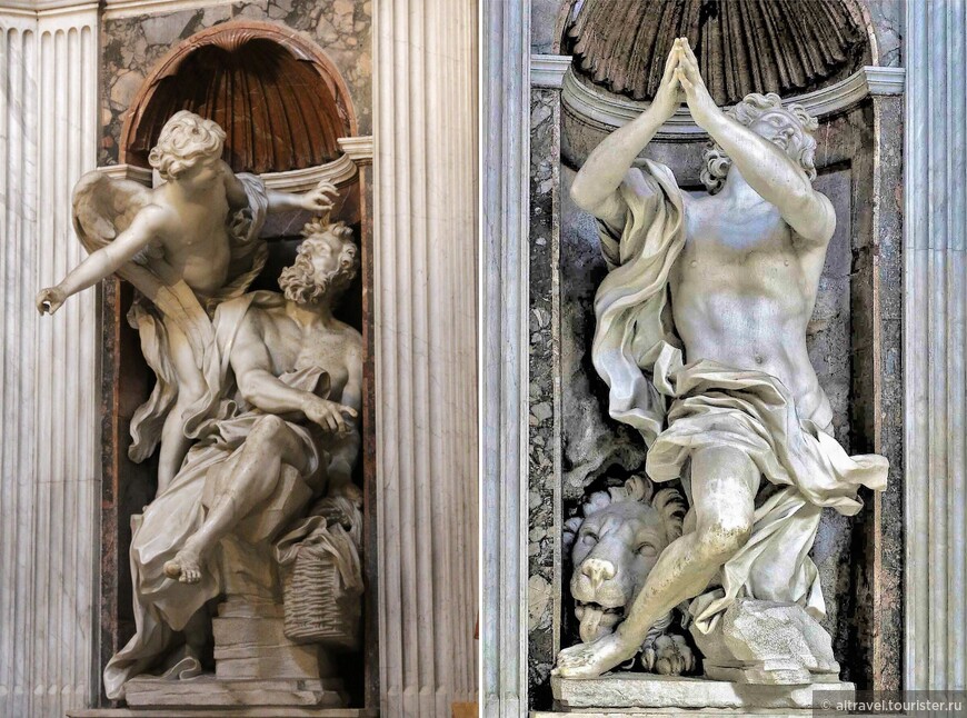 Две пророка, выполненных Бернини около 1655 г.: слева - Аввакум с ангелом, справа - Даниил со львом. К сожалению, Даниила можно увидеть, только зайдя в капеллу, а внутрь не пускают:(. Поэтому фото Даниила - из интернета. Статуи Бернини выглядят более динамично или даже театрально, нежели статуи, спроектированные Рафаэлем.