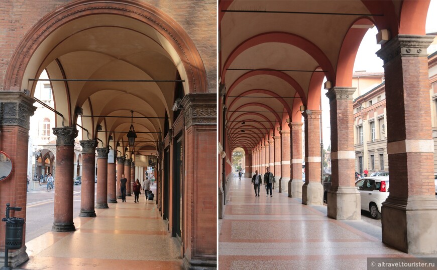 Как и сами здания в Болонье, портики часто выдержаны в рыжеватых тонах.