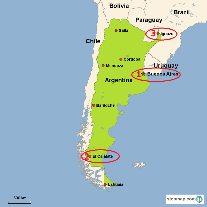 Карта наших перемещений. 1 - начинался и заканчивался маршрут в Буэнос-Айресе; 2 - Патагония с базовой точкой в Эль-Калафате (с визитами оттуда в Эль-Чалтен, в Национальный парк Ледников с его звездным Перито Морено, а также в чилийский парк Лас-Торрес-дель-Пайне); 3 - водопады Игуасу.