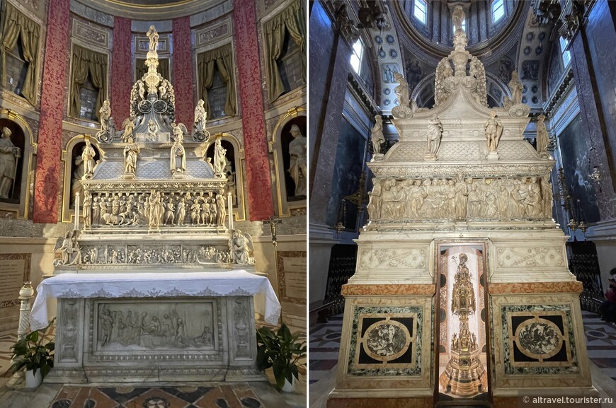 Вид ковчега спереди и сзади. В его основании с задней стороны виден бронзовый реликварий 14-го века, в котором хранится голова Св. Доминика.
