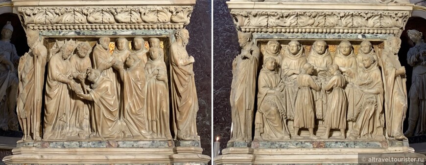 Боковые стороны саркофага. На снимке слева Св. Доминик получает от апостолов Петра и Павла «мандат» на свою проповедническую деятельность в виде Библии и посоха.