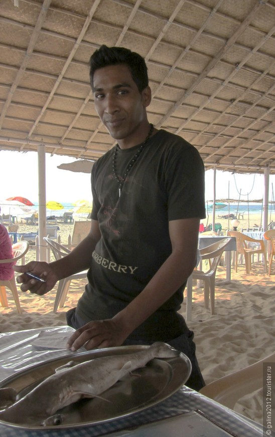 Официант, он же повар - Радж принимает заказ и идет готовить рыбу-гриль. 
А под ногами в шеке - прохладный песочек...