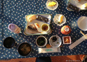 Завтрак традиционной японской гостиницы достаточно разнообразен: омлет, соевый творог тофу, перебродившие бобы натто, сушеные водоросли нори, мисо-суп, соленья, жареная ставридка и бутылочка молока. 