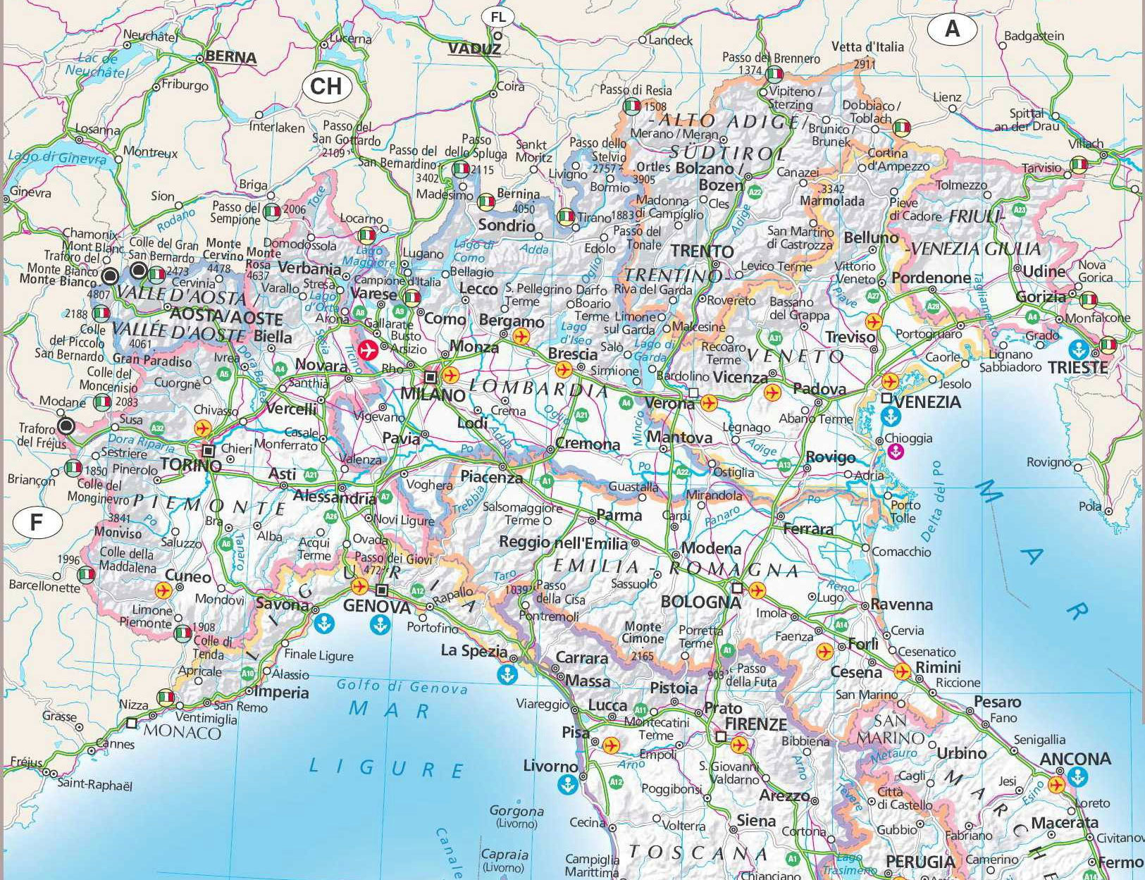 Карта Северной Италии с городами