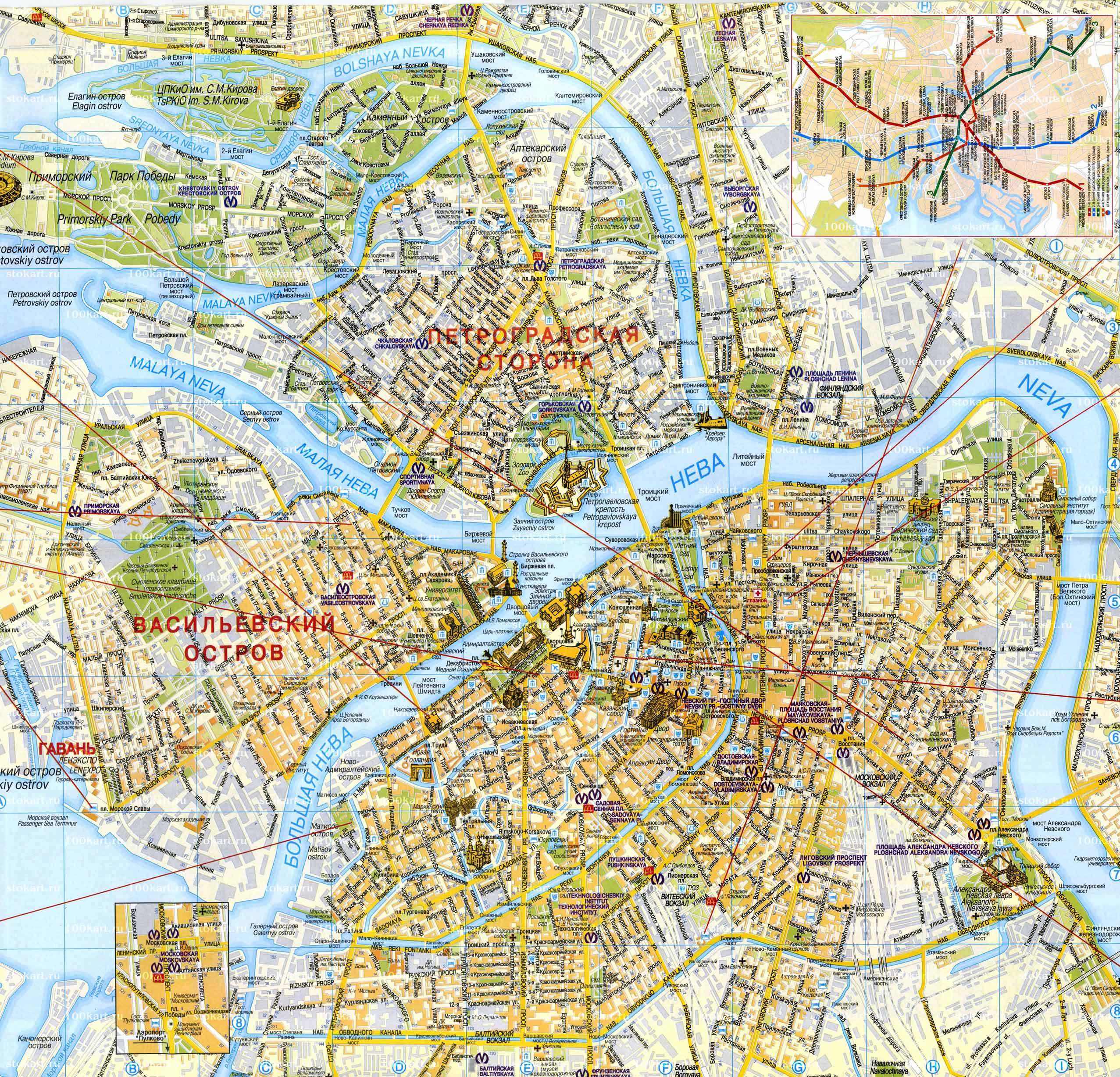 Подробная карта Санкт-Петербурга. Карта гостиниц. Карта метро, транспортаСанкт-Петербурга.