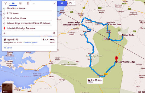 Карта объездной дороги из кенийского заповедника Масай Мара в танзанийский Серенгети для туристов. Прямая линия - граница между Кенией и Танзанией.